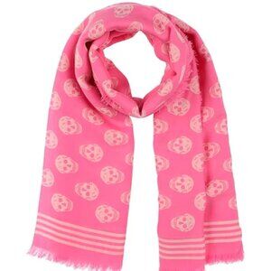 Alexander McQueen Iconic Pink Skull Logo Fringe Wool Scarf NWT